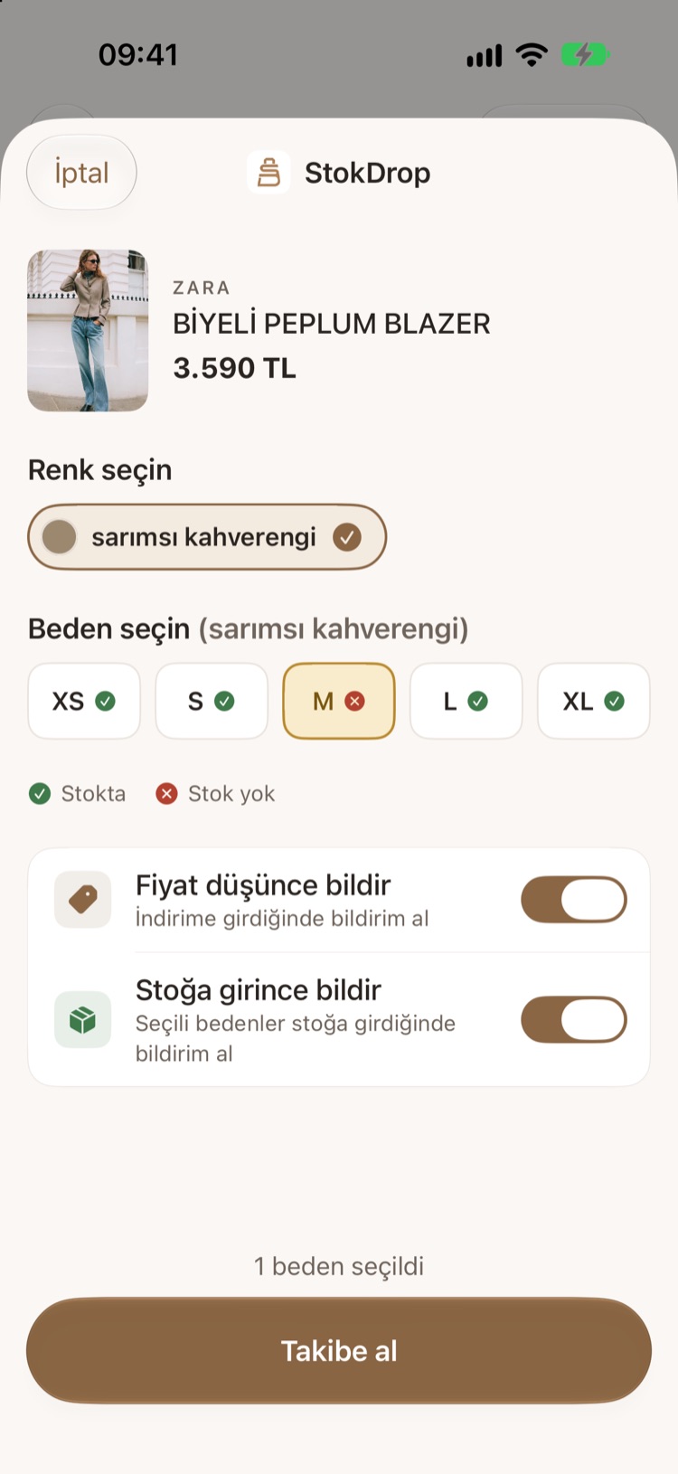 2. adım: StokDrop eklentisinde renk seçimi ve XS'ten XL'e beden seçimi; M bedeni tükenmiş ve seçili, fiyat ve stok bildirimi anahtarları açık