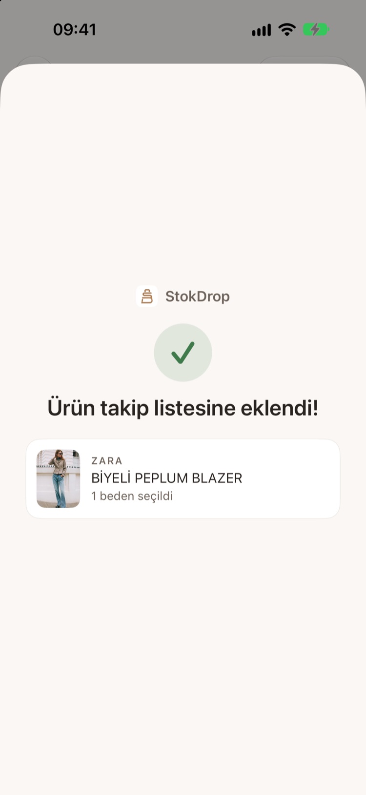 3. adım: “Ürün takip listesine eklendi!” onayı, Zara Biyeli Peplum Blazer için 1 beden seçildi