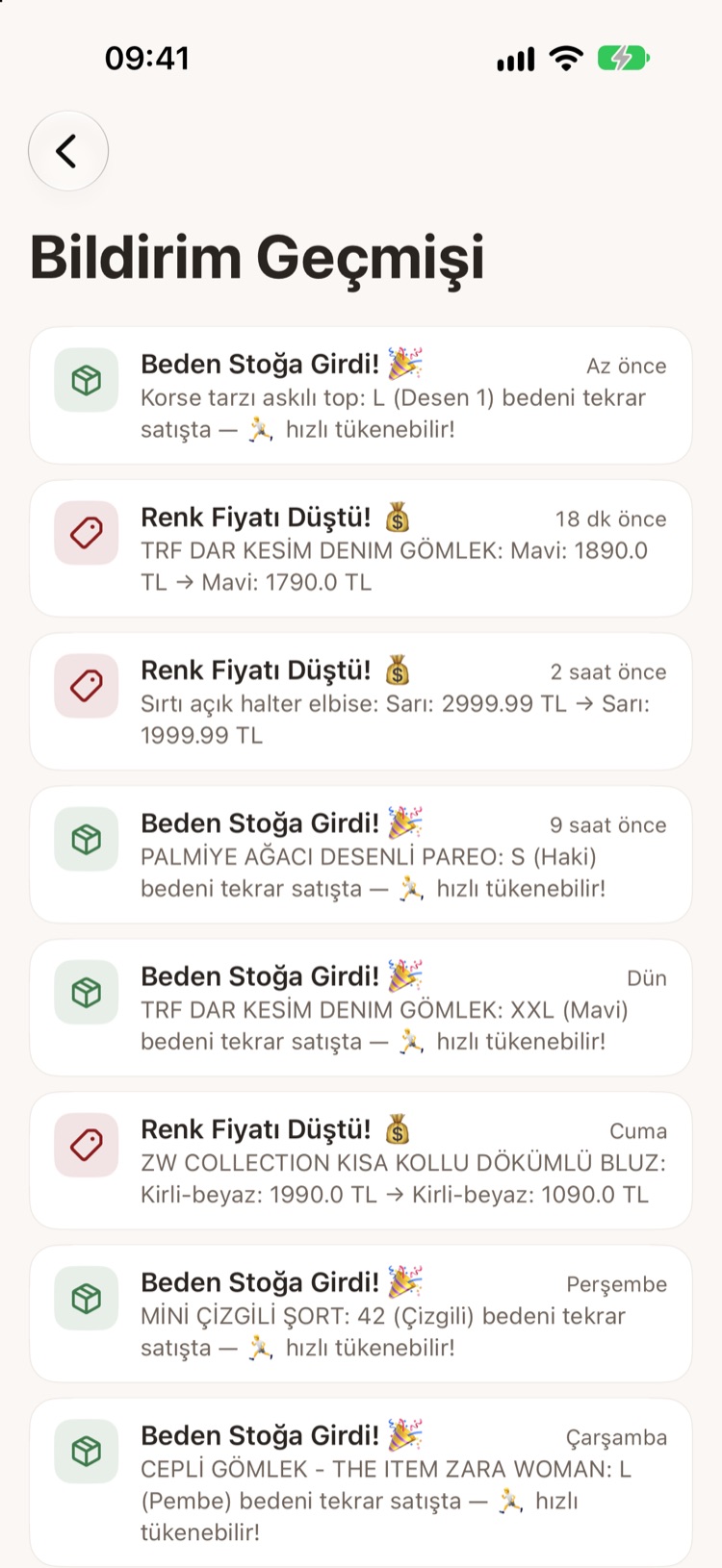 Bildirim Geçmişi ekranı: Beden Stoğa Girdi ve Renk Fiyatı Düştü bildirimleri, az önceden geçen haftaya kadar
