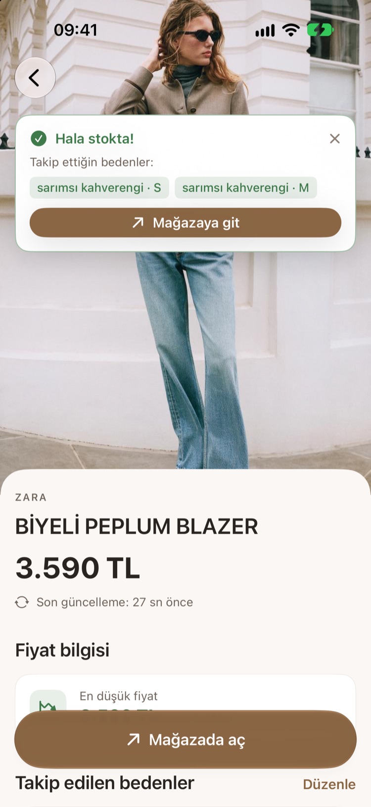 Ürün detayında anlık kontrol sonucu: “Hala stokta!”, takip edilen bedenler S ve M, altında Mağazaya git butonu