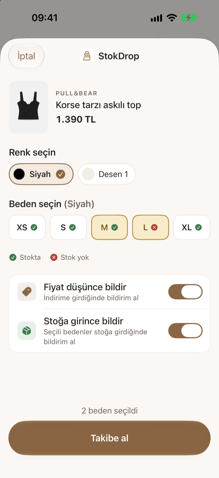 Pull&Bear korse tarzı askılı top için renk seçimi (Siyah, Desen 1) ve beden seçimi: M stokta, L tükendi; iki beden seçili, Takibe al butonu