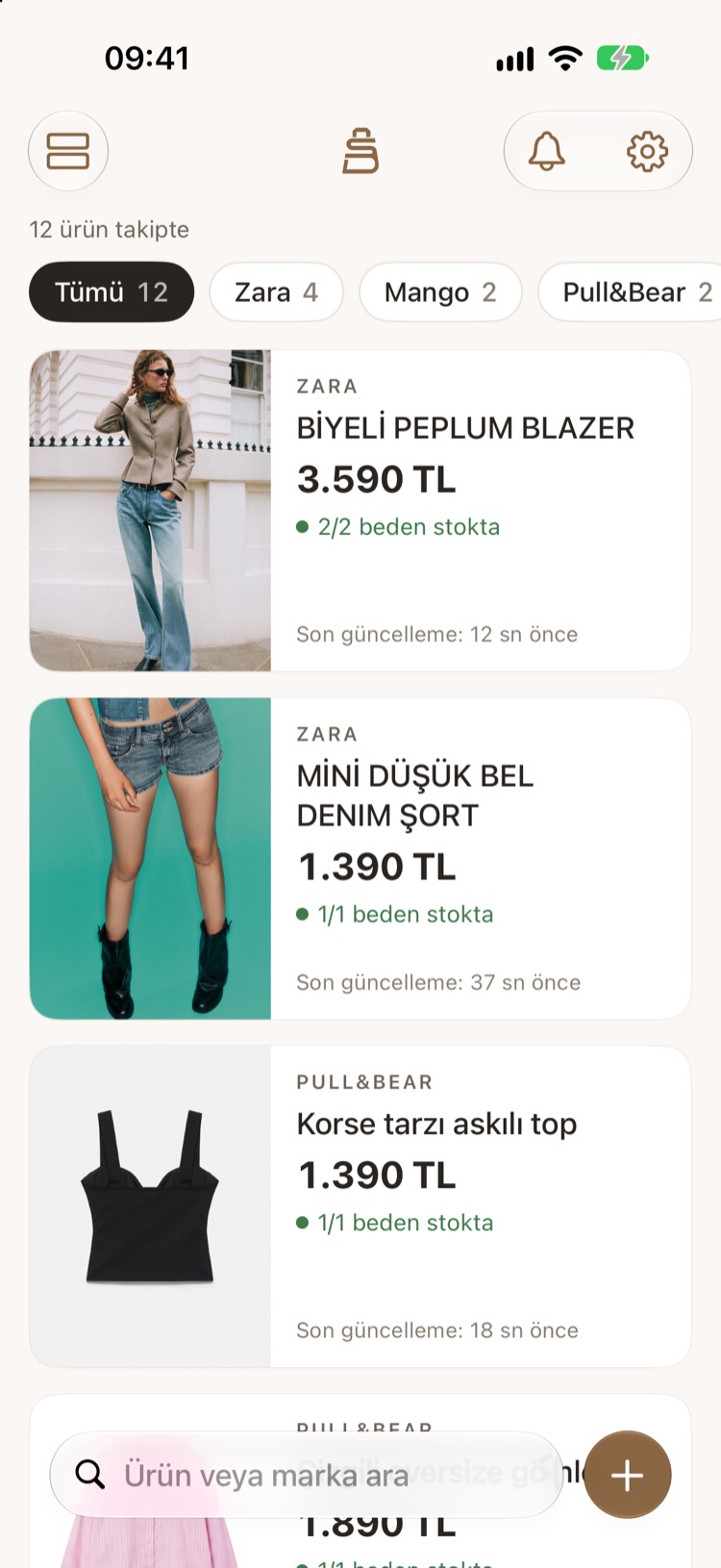 StokDrop takip listesi: Zara ve Pull&Bear ürünleri fotoğraflarıyla, fiyatları, kaç bedenin stokta olduğu ve son güncelleme zamanı