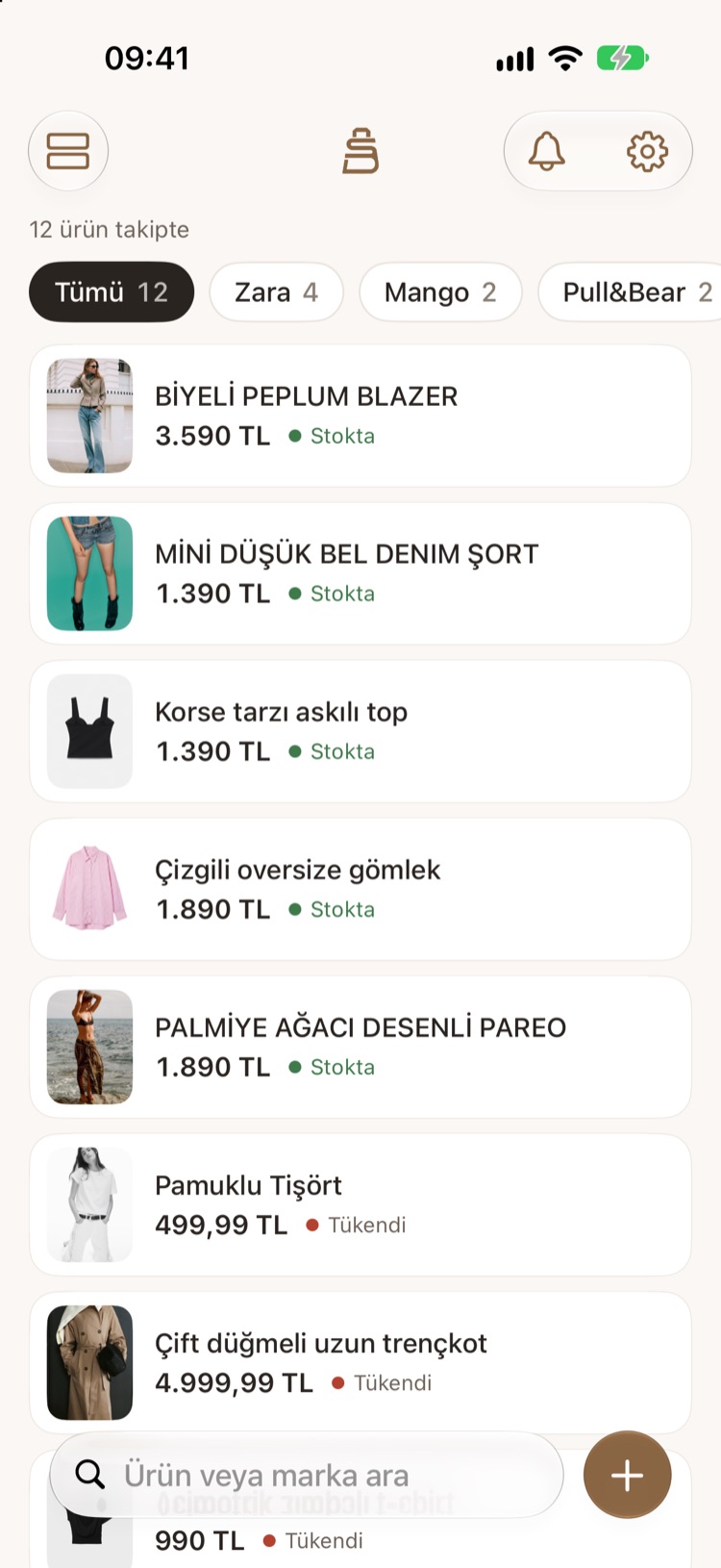 Liste görünümünde 12 takip edilen ürün; marka çipleri Zara, Mango, Pull&Bear; her ürünün fiyatı ve Stokta ya da Tükendi durumu
